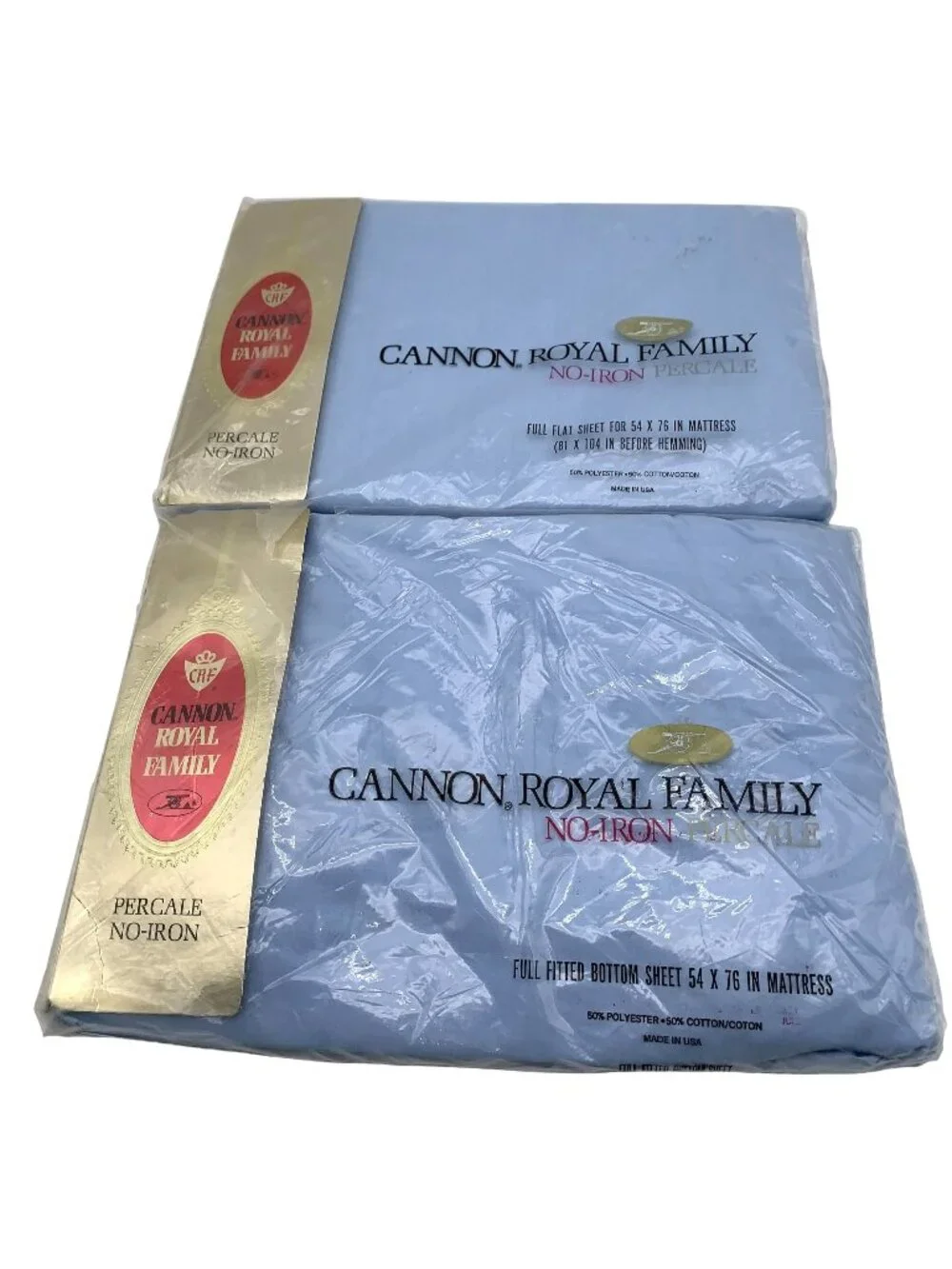 Cannon Royal Family No-Iron Percale Full Flat Fitted Sheets Blue Made In USA NOS